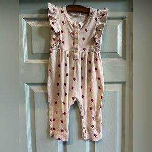Kate Quinn ruffle button pinafore jumper. Strawberry print